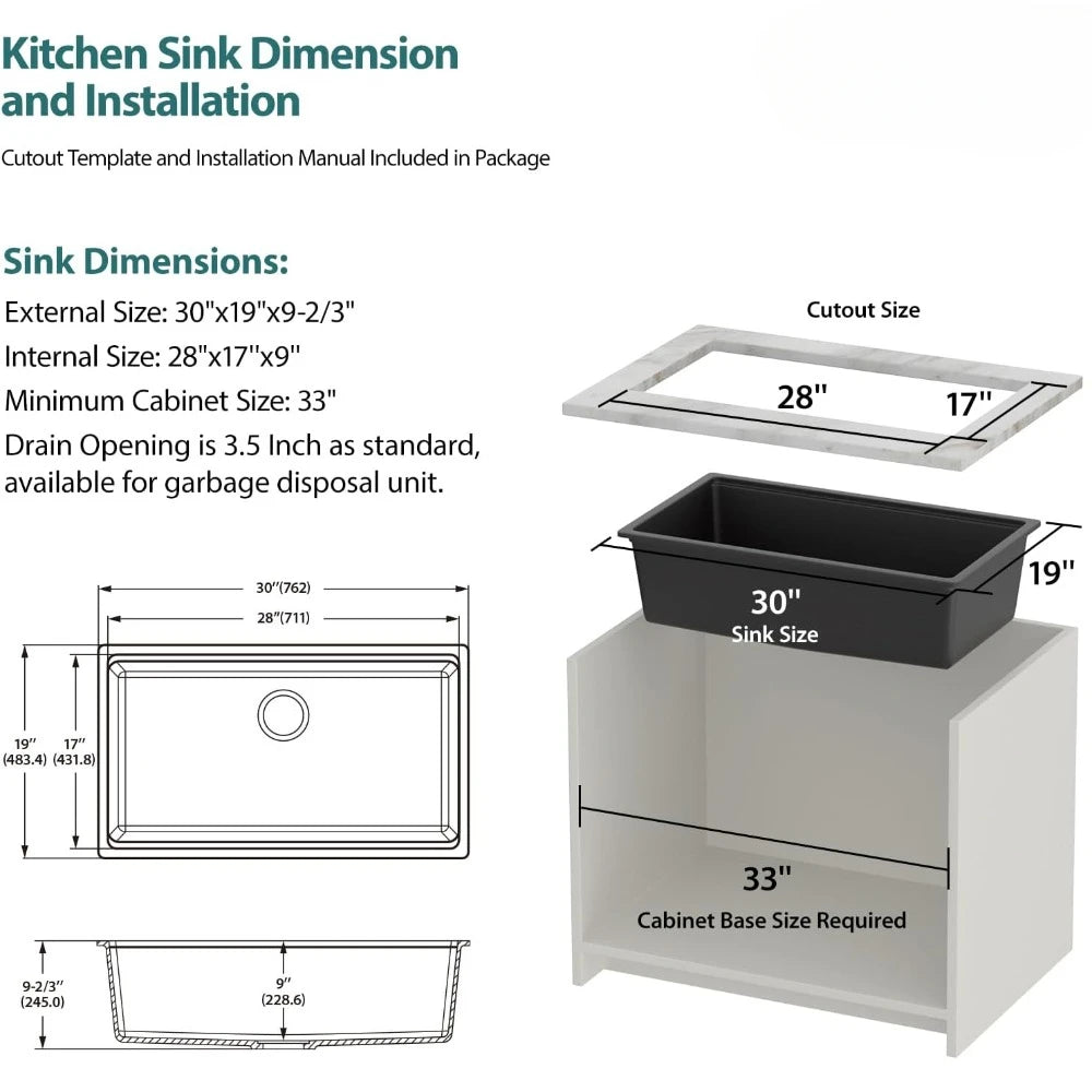 حوض مطبخ 33 × 19 بوصة مع ملحقات، حوض مطبخ كلاسيكي من الكوارتز مثبت أسفل المنضدة، حوض مطبخ فردي 