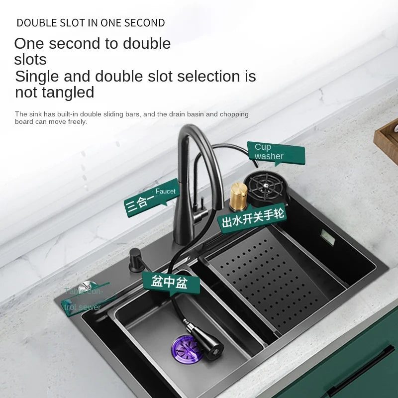 Multifunctional 3 In 1 Split Waterfall Sink Nano 304 Stainless Steel Kitchen Large Single Sink With Soap Dispenser Cup Washer