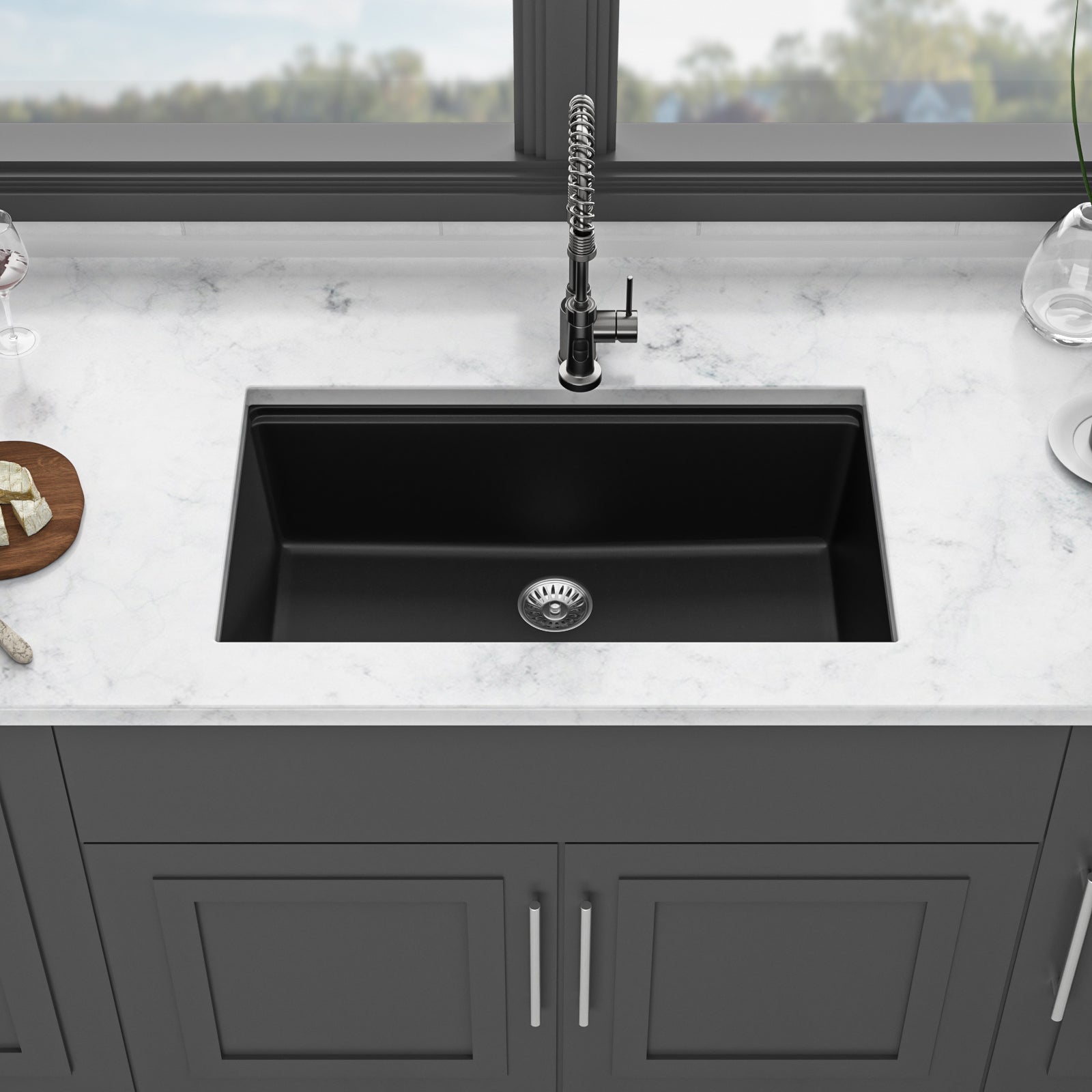 Quartz Kitchen Sink - 32x19" Black granite composite Workstation undermount kitchen sink