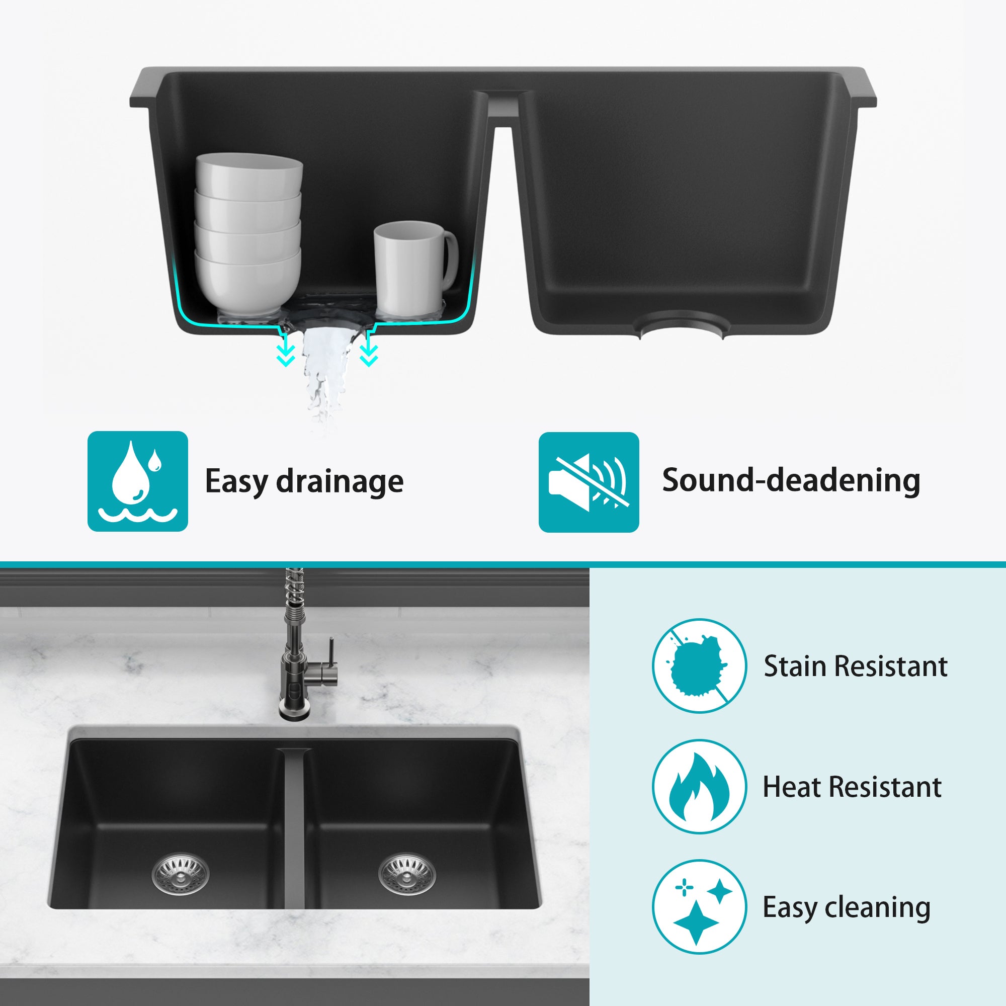 Quartz Kitchen Sink - 33x19" Black granite composite undermount kitchen sink Double Bowl(50/50)