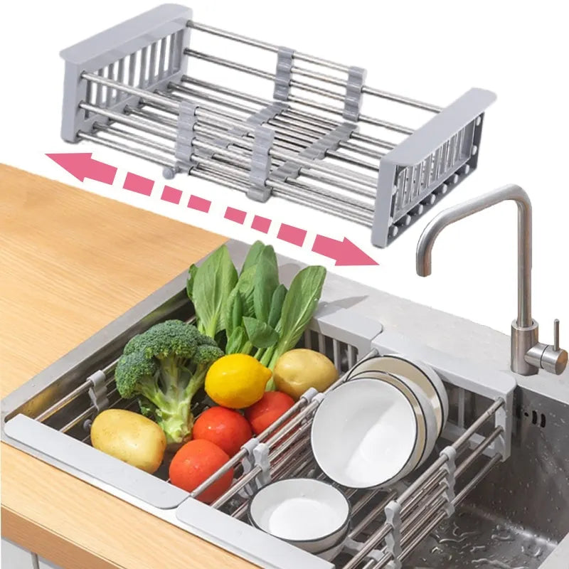 Kitchen Sink Rack Adjustable Stainless Steel Dish Drain Rack Sink Plate Bowl Holder Tableware Organizer Fruit Vegetable Drainer