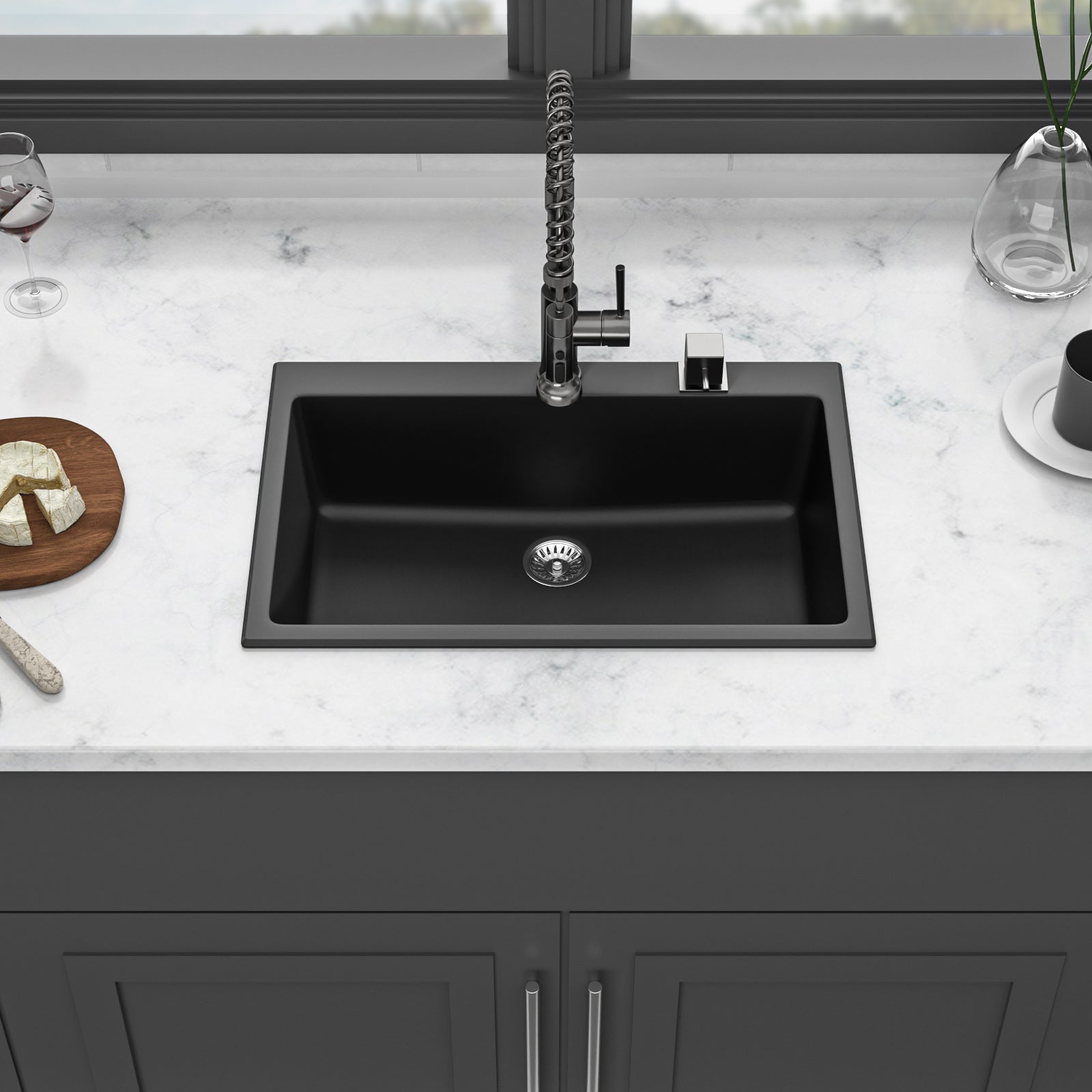 Quartz Kitchen Sink - 33x22" Black granite composite Drop in kitchen sink