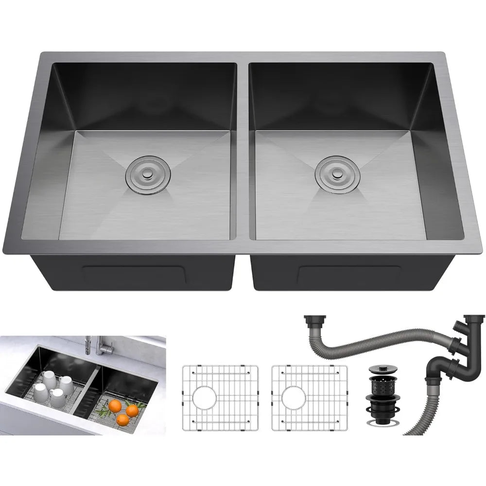 YITAHOME Black Kitchen Sink 33in Undermount Sink 50/50 Double Bowl 16 Gauge Stainless Steel Nano Gunmetal Black Sink with