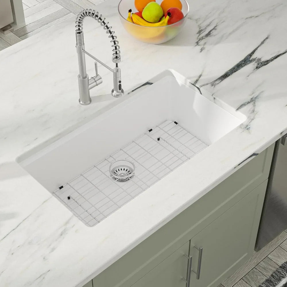 White kitchen sink, granite composite workstation under the table, single bowl quartz kitchen sink