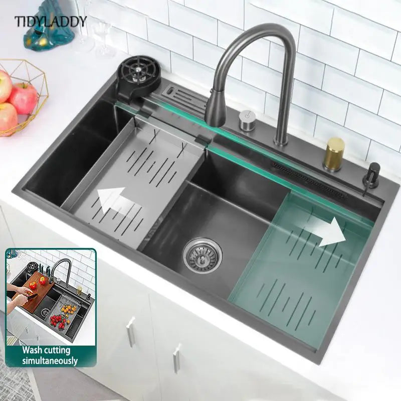 Black Nano Waterfall Kitchen Sink Stainless Steel Large Single Slot Wash Basin with Multifunction Touch Waterfall Fauce