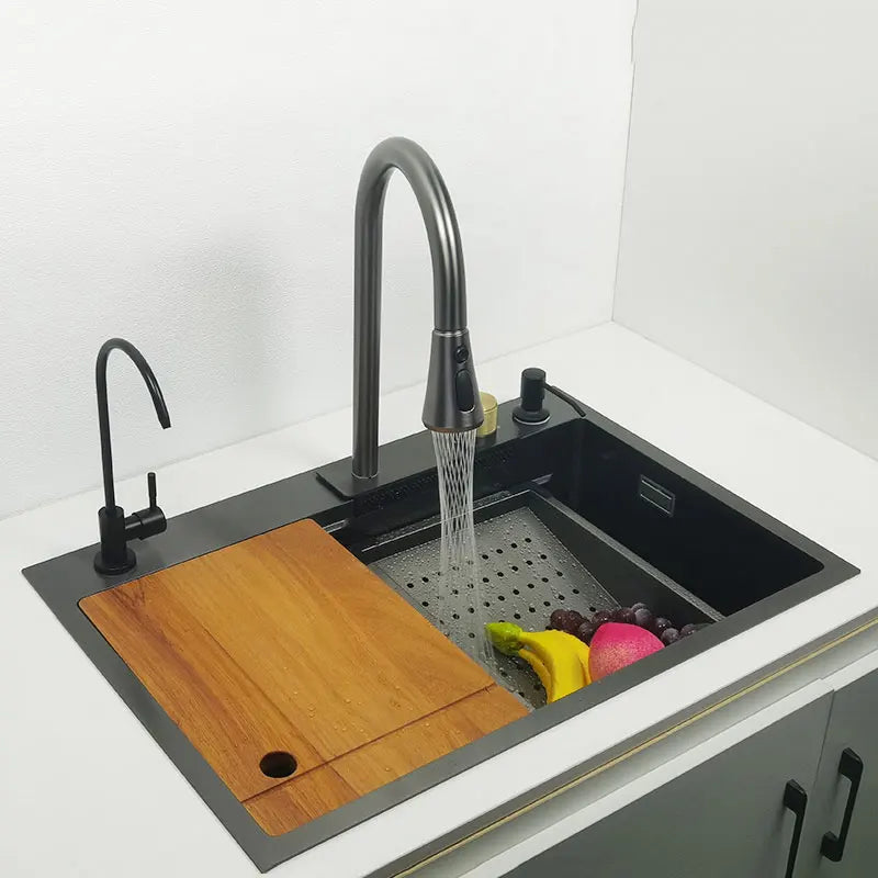 Waterfall Kitchen Sink gun grey Single Bowl Wash Basin with cutting board Nano 304 Stainless Steel DarkGray  faucet