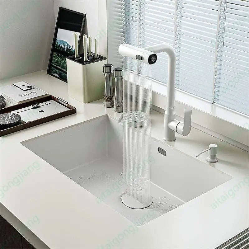 Household White fly Rain Waterfall Sink Nano 304 Stainless Steel Large Single Sink Kitchen Wash Basin Cup Washer soap dispenser