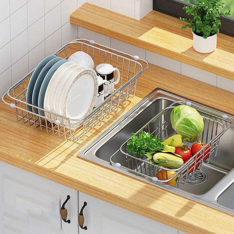 Stainless Steel Dish Drying Rack Adjustable Kitchen Sink Dish Drainer Fruit Vegetable Drain Basket Dishes Draining Storage Rack