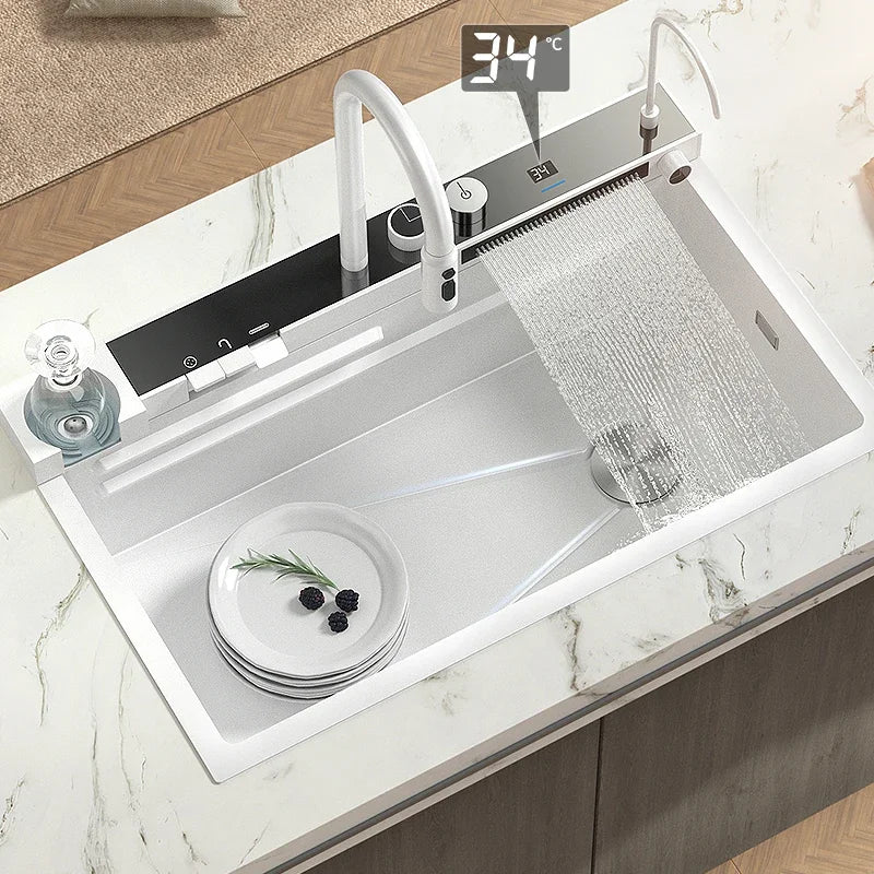 Stainless steel white kitchen sink Smart waterfall sink for kitchen Dishwasher nano large Washbasin multi function sink products