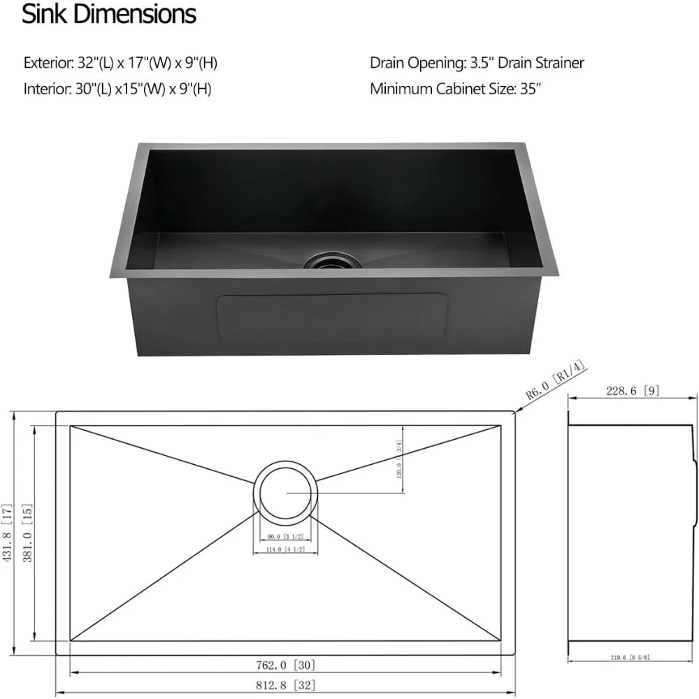 32” X 17” X 9” Kitchen Sink, 18 Gauge Undermount  Nano Black Stainless Steel Kitchen Sink