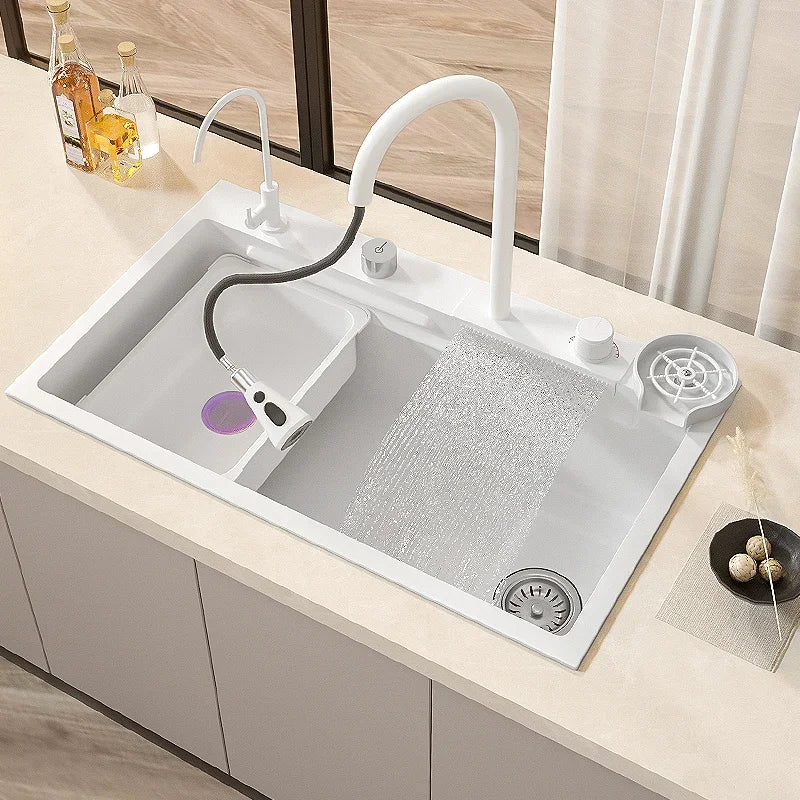 Waterfall Kitchen Sink White Large Single Slot Nano 304 Stainless Steel Kitchen Sink with Waterfall Faucet for Kitchen