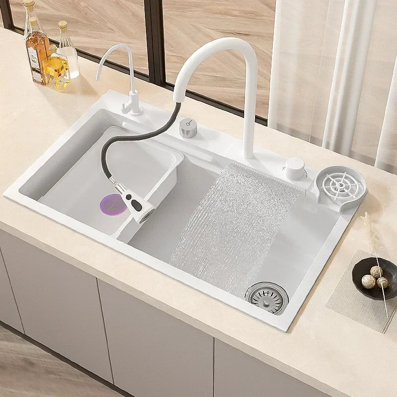 White Flying Rain Waterfall Kitchen Sink Large Single Slot Handmade Nano Stainless Steel Vegetable Wash Basin Dishwashing Pool