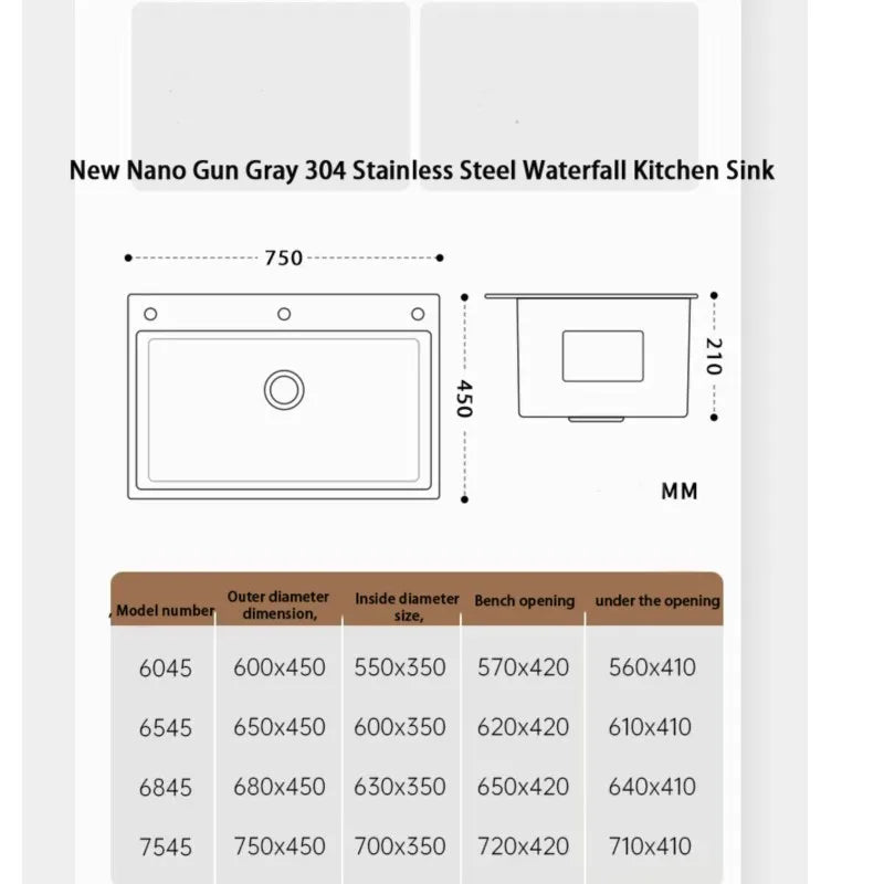 New Nano Premium Gun Gray Kitchen Sink, 304 Stainless Steel 3mm Thickness Large Single Groove With Waterfall Faucet Cup Washer