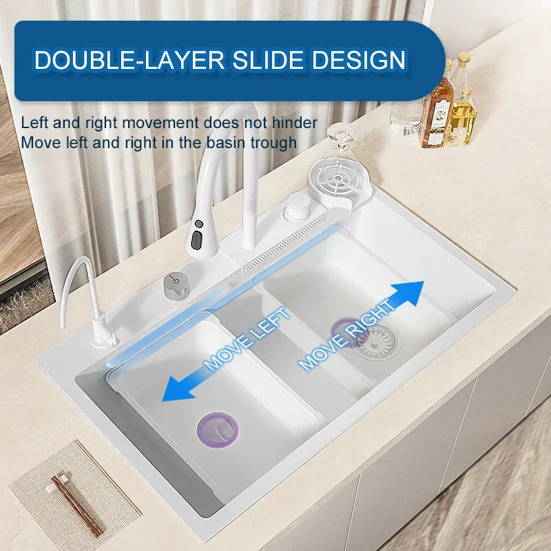 Waterfall Kitchen Sink White Large Single Slot Nano 304 Stainless Steel Kitchen Sink with Waterfall Faucet for Kitchen