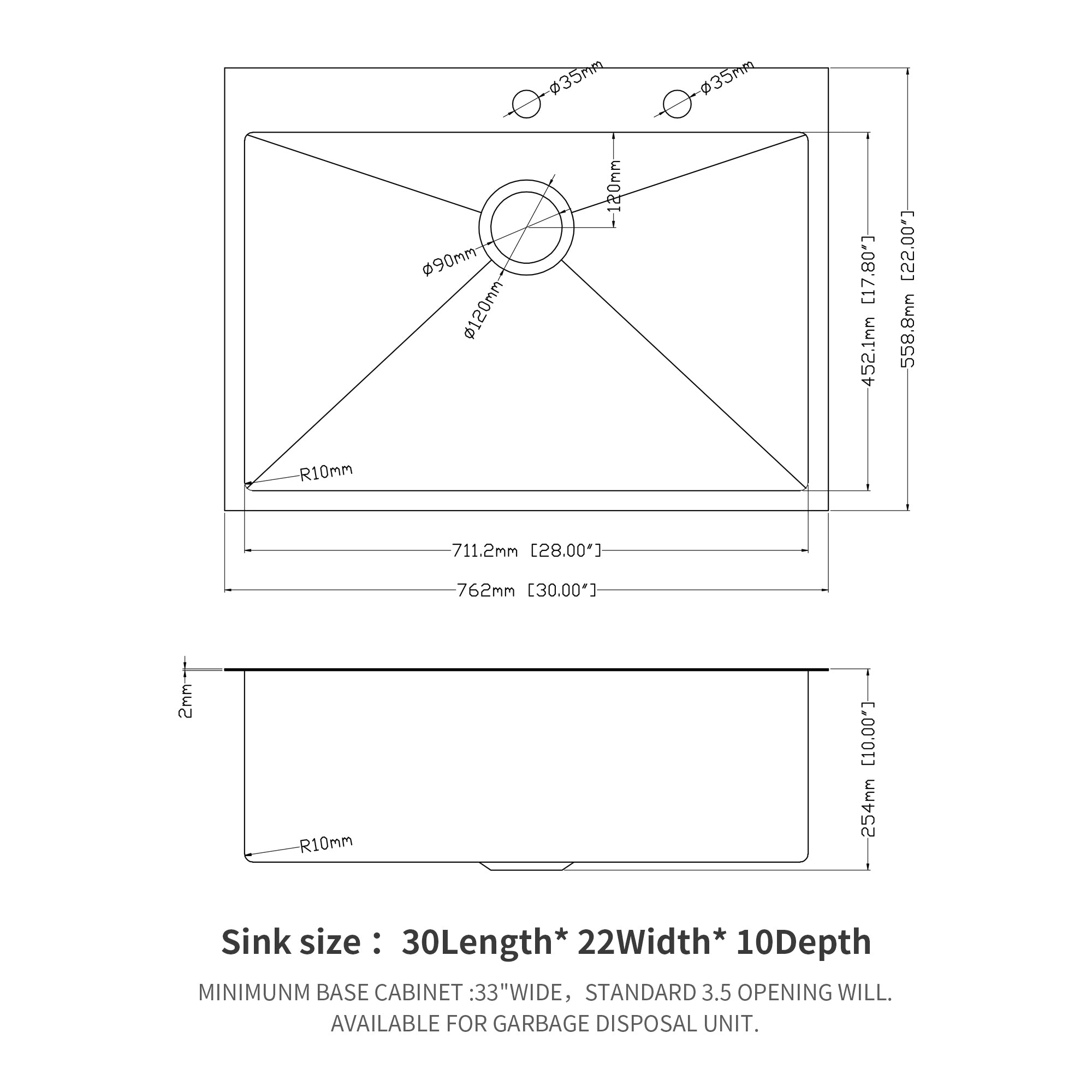 30x22 inch Kitchen Sink Drop In 16 Gauge Stainless Steel 30" Single Bowl Topmount Kitchen Sink Basin