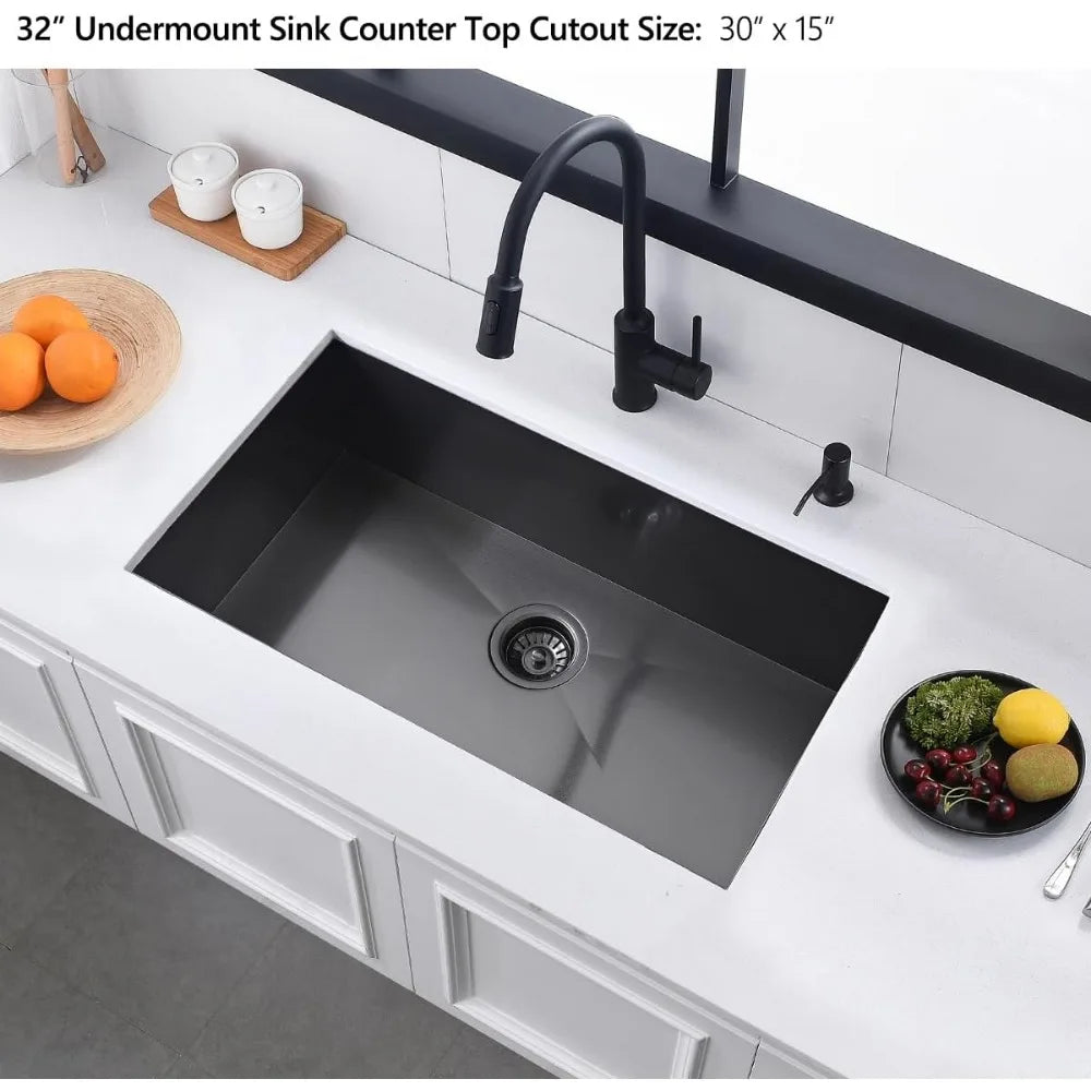 32” X 17” X 9” Kitchen Sink, 18 Gauge Undermount  Nano Black Stainless Steel Kitchen Sink