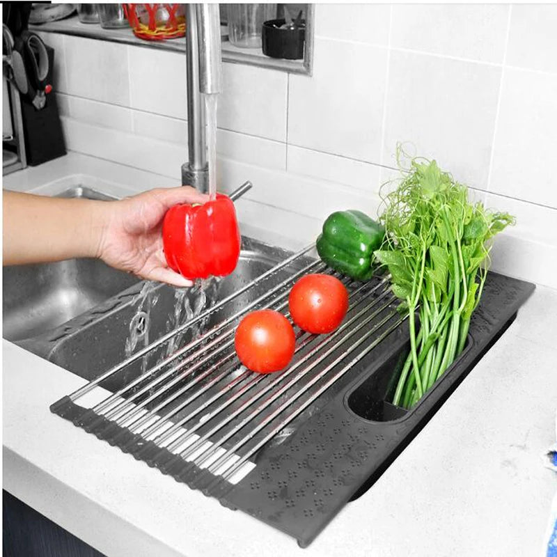 Roll-up Drying Rack Drainer Rack Vegetable Sponge Drainer Dish Over Sink Rack Drying Shelf Stainless Steel Drainer Holder