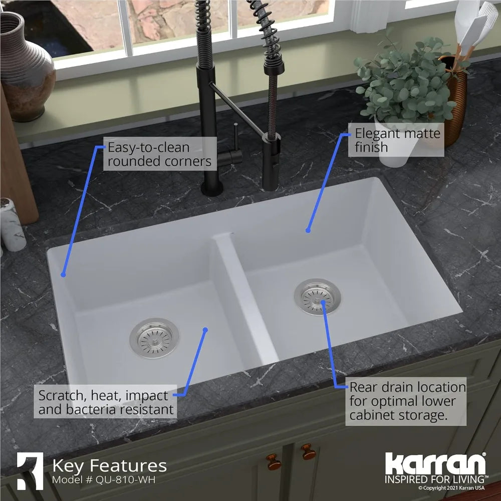 Karran QU-810 32" Undermount Double Equal Bowl Quartz Kitchen Sink in White