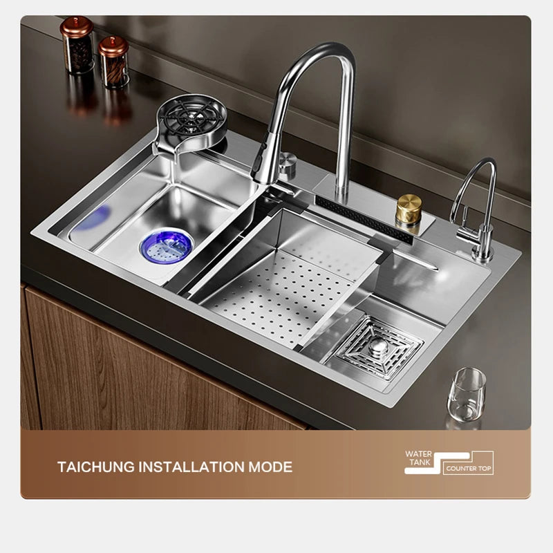 Silver Premium Stainless Steel Kitchen Sink 3mm Nano Waterfall Faucet Sink Kitchen Cup Washer Large Single Slot