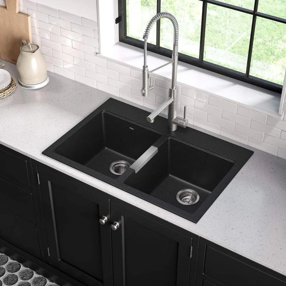 33-Inch Equal Bowls Kitchen Sink Black Onyx Granite Household Useful Products Washhand Stand Useful Things for Home Sinks Tub