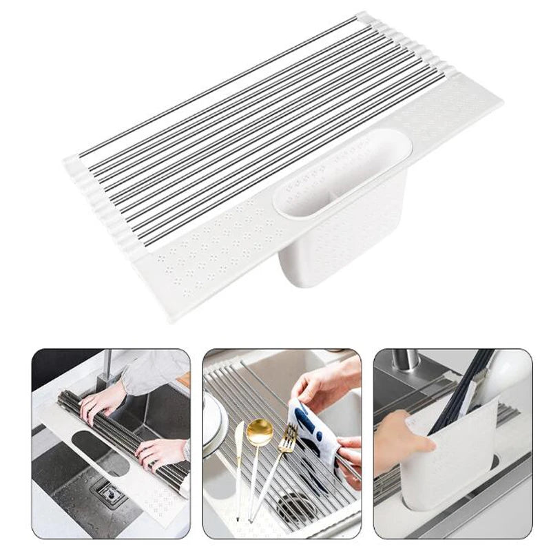 Roll-up Drying Rack Drainer Rack Vegetable Sponge Drainer Dish Over Sink Rack Drying Shelf Stainless Steel Drainer Holder