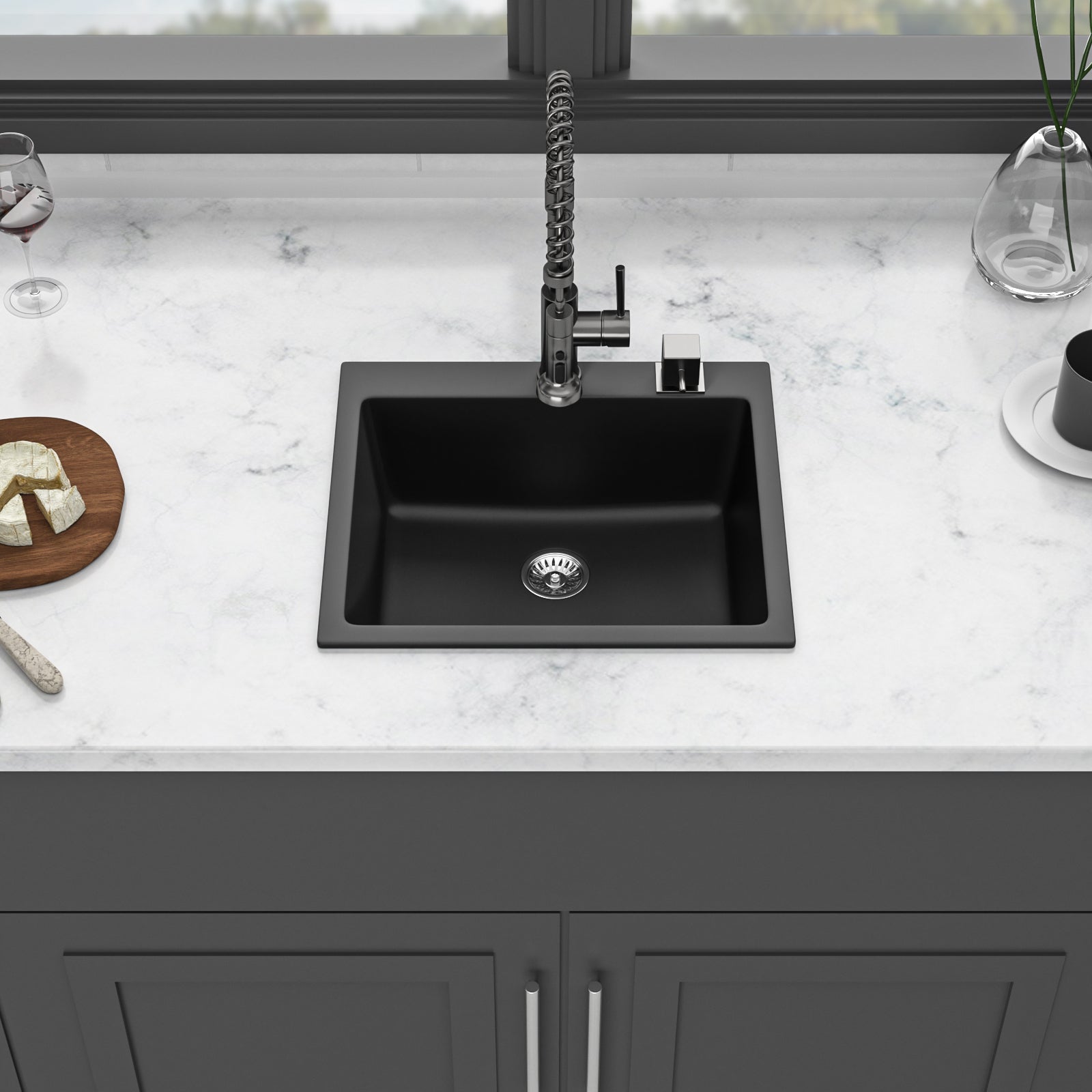 Quartz Kitchen Sink - 25x22" Black granite composite Drop in kitchen sink