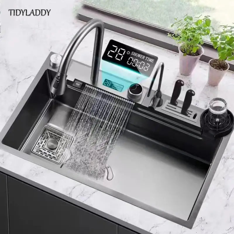 Waterfall Kitchen Sink Stainless Steel Nano Multifuctional Large Single Slot with Digital Display Touch Waterfall Faucet