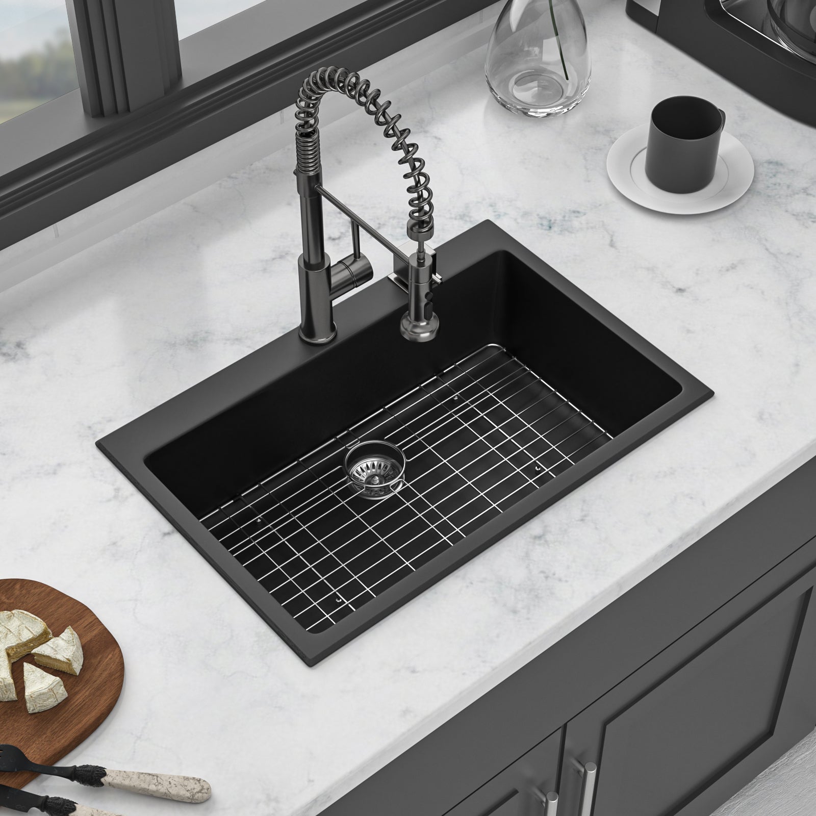 Quartz Kitchen Sink - 33x22" Black granite composite Drop in kitchen sink