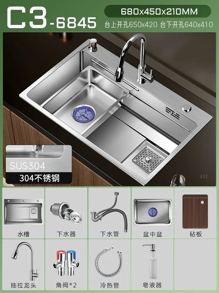 Multiple Size Nano 304 Stainless Steel Kitchen Sink Large Single-slot Washbasin Bowl For Home Improvement Drain Accessories