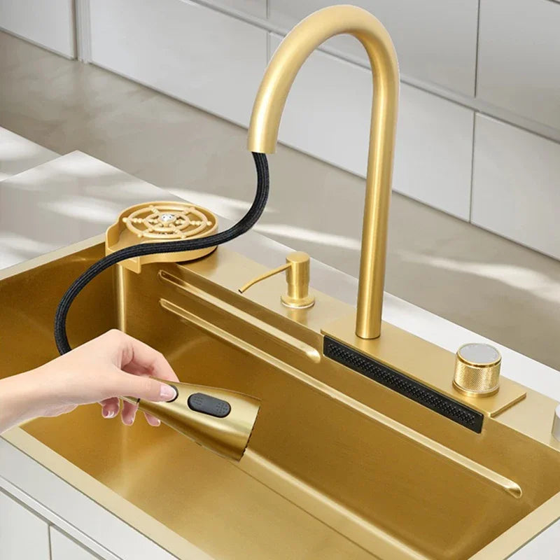 Nano Gold Flying Rain Waterfall Kitchen Sink Thickened 304 Stainless Steel Large Single Slot Household Vegetable Washing Basin