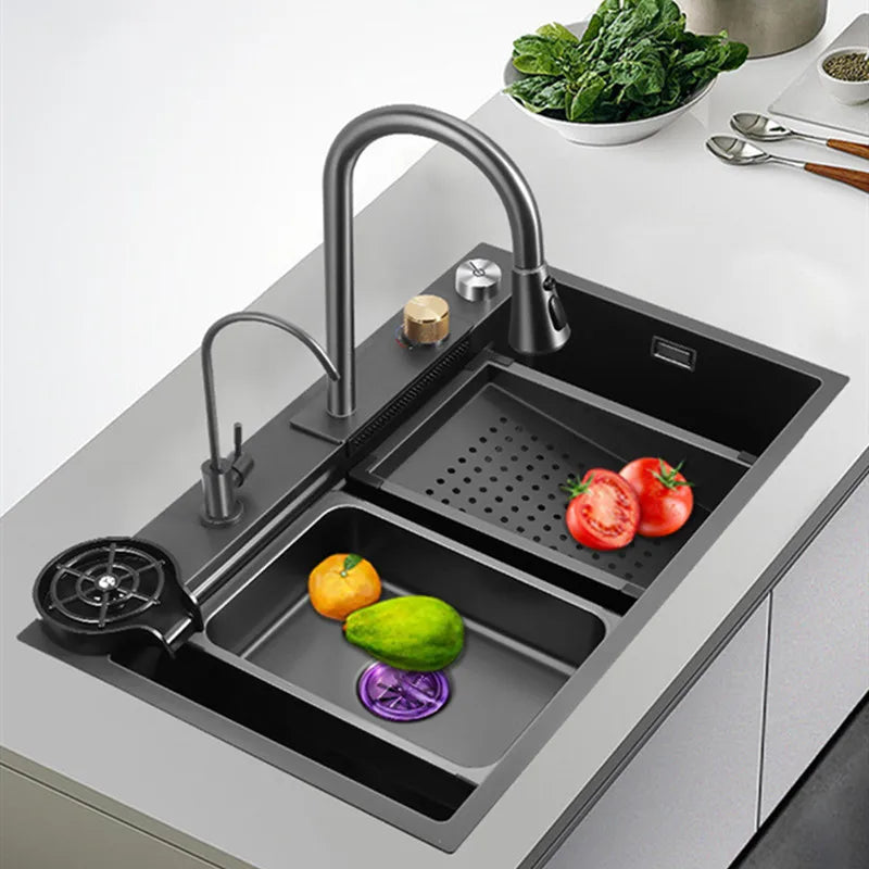 Black Nano 304 Stainless Steel Waterfall Kitchen Sink 3mm Thickness Large Single Tank High Pressure Cup Washer Waterfall Faucet