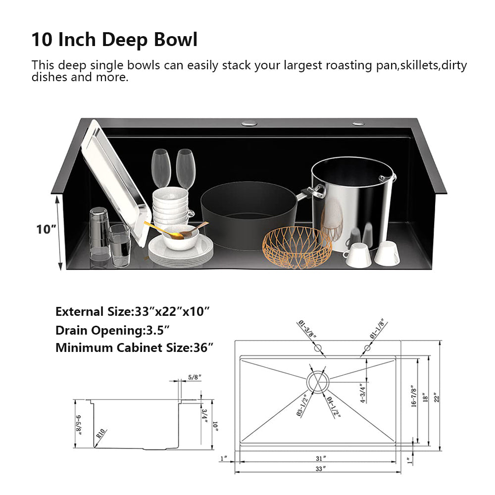 Workstation 33-inch Drop-In Kitchen Sink R10 Radius Stainless Steel Kitchen Sink Single Bowl with Intergrated Ledge & Accessories (Pack of 5) -33"x22"x10"