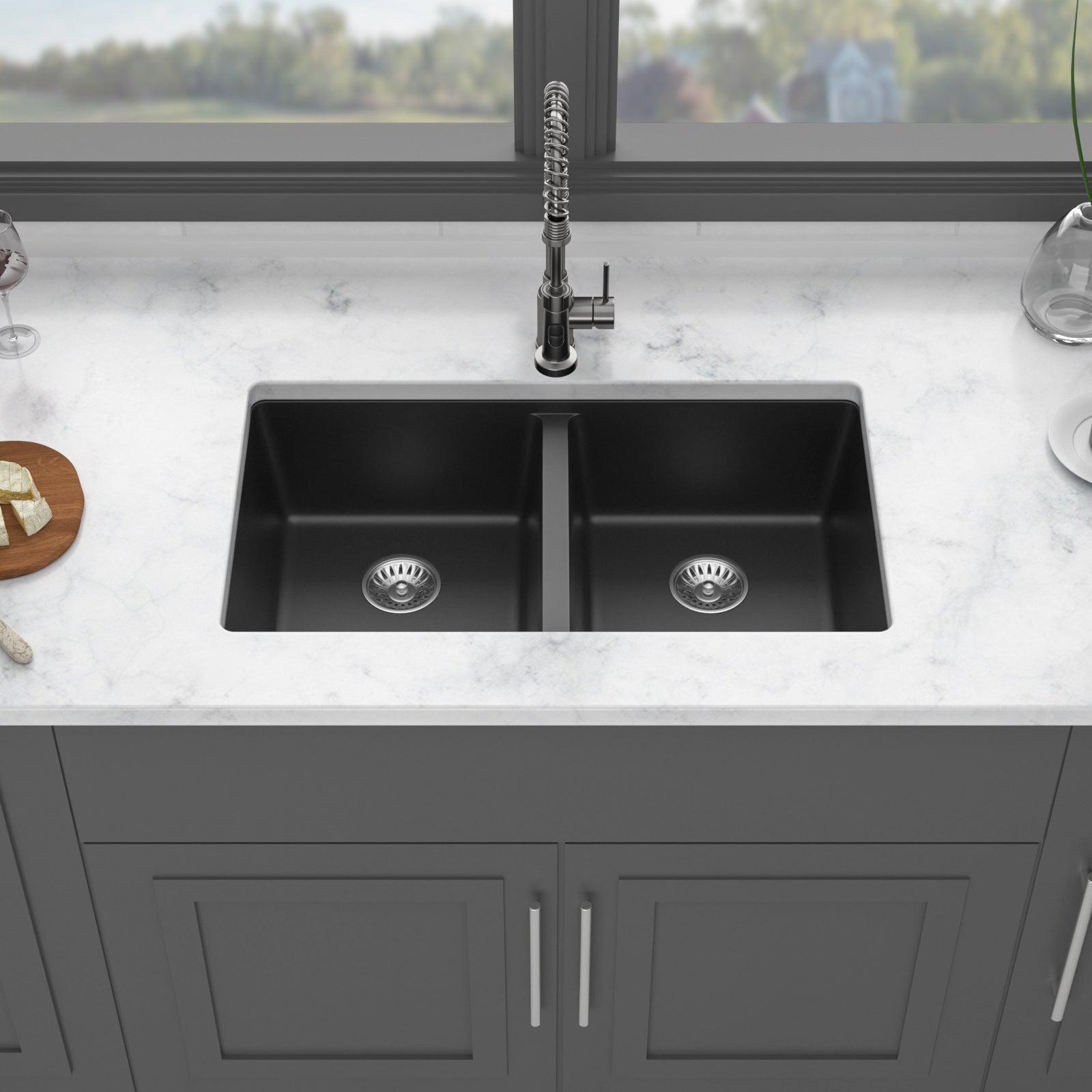 Quartz Kitchen Sink - 33x19" Black granite composite undermount kitchen sink Double Bowl(50/50)