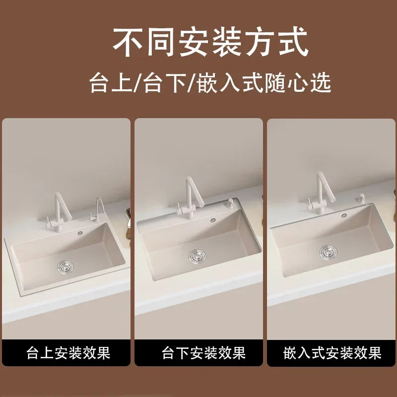 Cream White Quartz Stone Kitchen Sink Large Single Sink Granite Small Scullery Embedded Table under Table Washing Basin