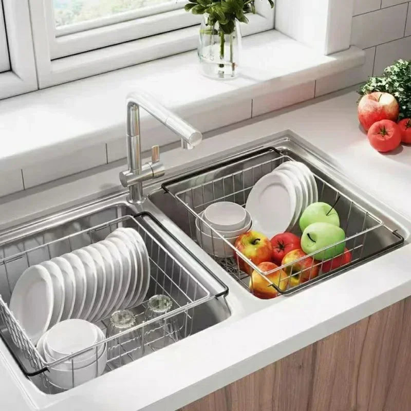 Stainless Steel Adjustable Fruit Bowl Drainer Holder Kitchen Utensils Sink Dish Drain Rack Single Layer Expandable Drying Basket