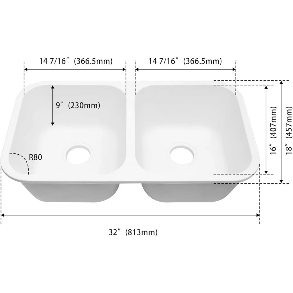 Kitchen sink, double bowl 32 X 18 inches, granite composite base, double bowl white sink with rounded corners, kitchen sink