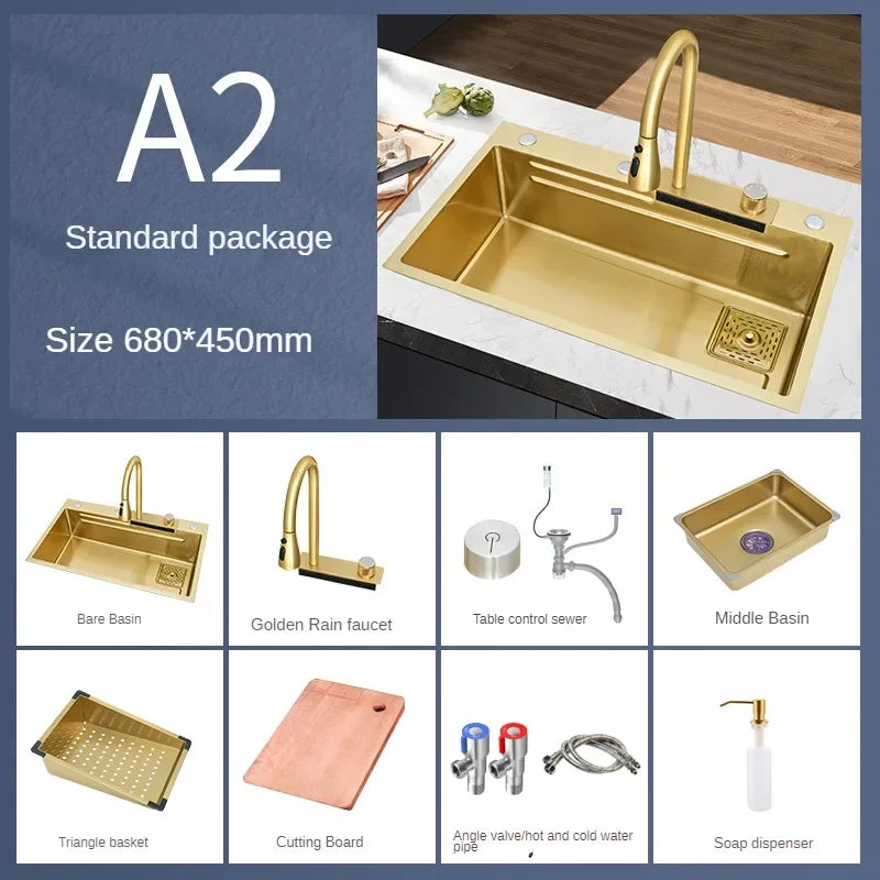 Nano Gold Flying Rain Waterfall Kitchen Sink Thickened 304 Stainless Steel Large Single Slot Household Vegetable Washing Basin