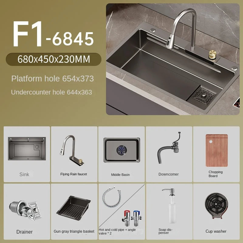 Nano Kitchen Sink Large Single Tank 304 Stainless Steel Side Row Vegetable Wash Basin Household Understage Basin Waterfall Sinks