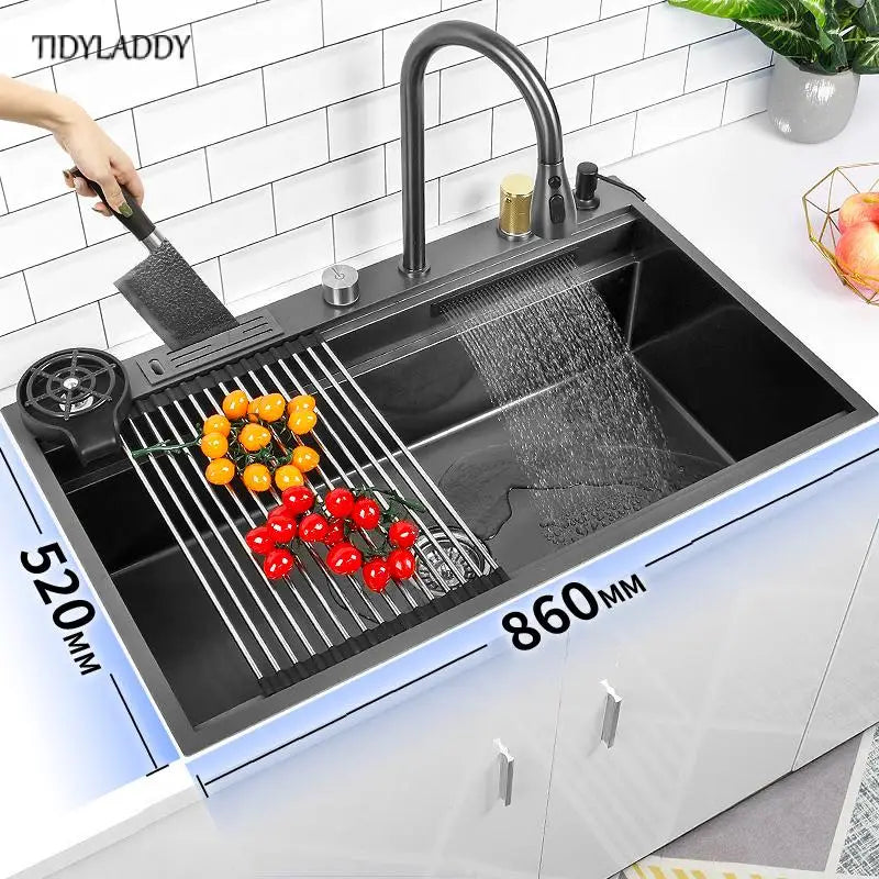 Black Nano Waterfall Kitchen Sink Stainless Steel Large Single Slot Wash Basin with Multifunction Touch Waterfall Fauce