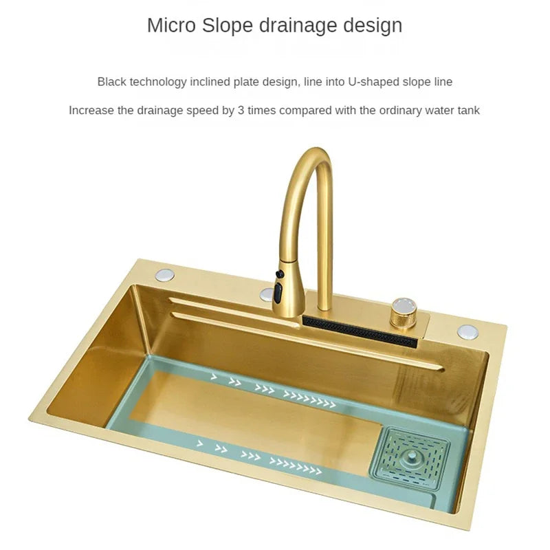 Nano Gold Flying Rain Waterfall Kitchen Sink Thickened 304 Stainless Steel Large Single Slot Household Vegetable Washing Basin