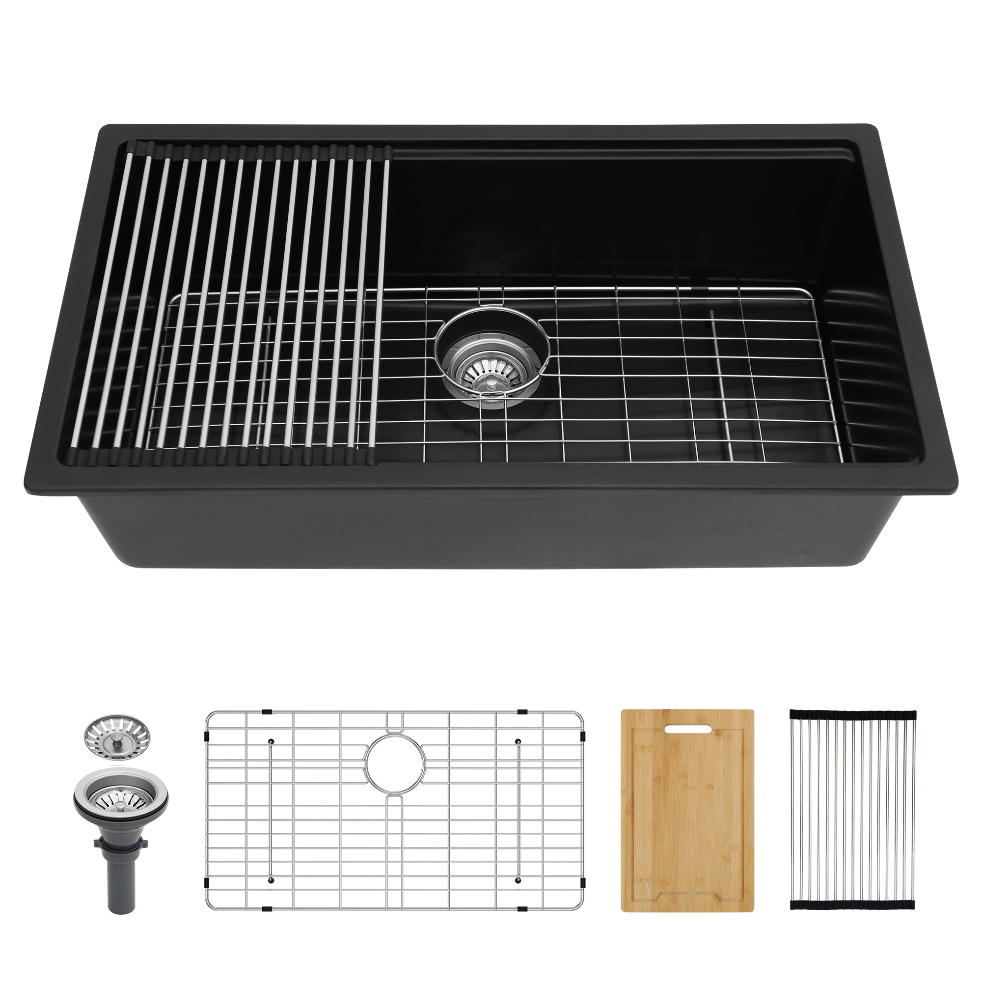 Quartz Kitchen Sink - 32x19" Black granite composite Workstation undermount kitchen sink