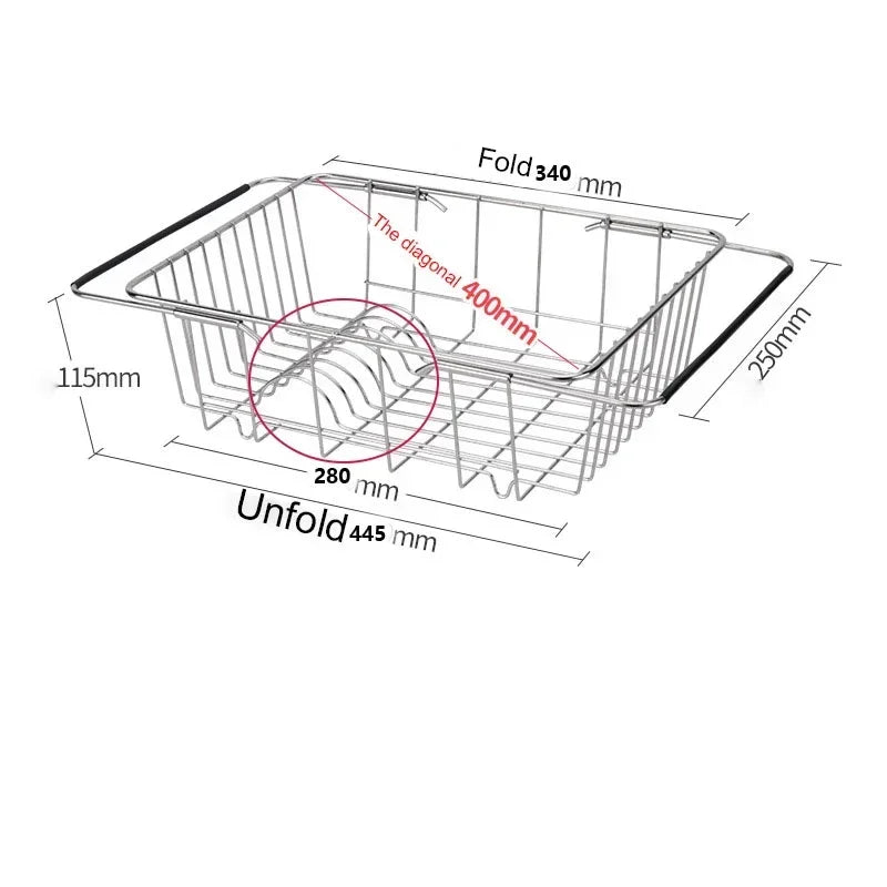 Stainless Steel Adjustable Fruit Bowl Drainer Holder Kitchen Utensils Sink Dish Drain Rack Single Layer Expandable Drying Basket