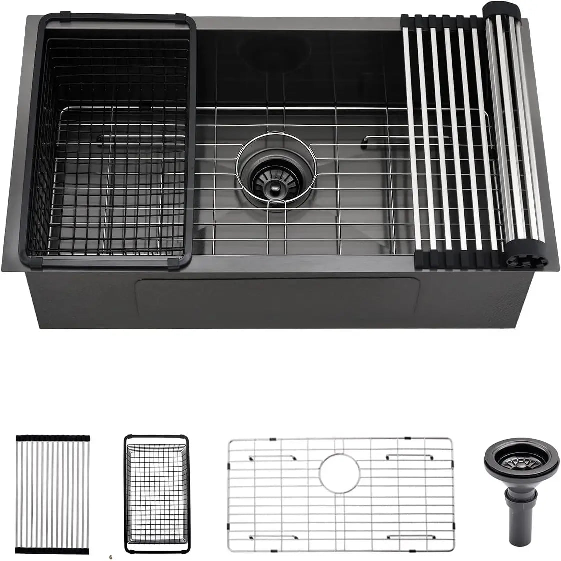 32” X 17” X 9” Kitchen Sink, 18 Gauge Undermount  Nano Black Stainless Steel Kitchen Sink