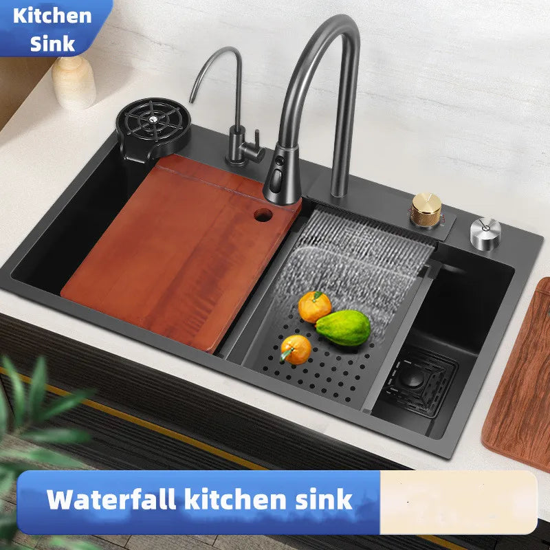 Black Nano 304 Stainless Steel Waterfall Kitchen Sink 3mm Thickness Large Single Tank High Pressure Cup Washer Waterfall Faucet